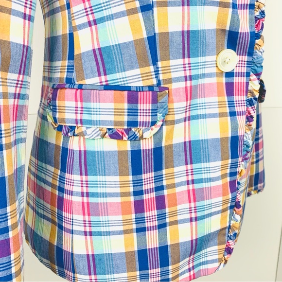 J Crew Women Size 2 Regent Blazer Pastel Plaid Ruffle Lined One Button Preppy - Picture 4 of 15